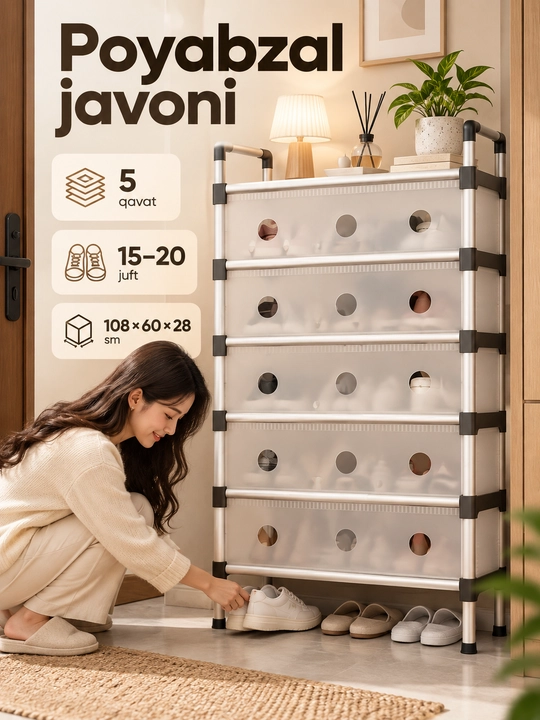 Ko‘p qavatli yopiq poyabzal javoni, 5 bo‘limli, 108×60×28 sm - 