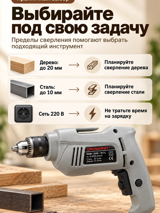 Elektr drel CROWNNIY 650 vt