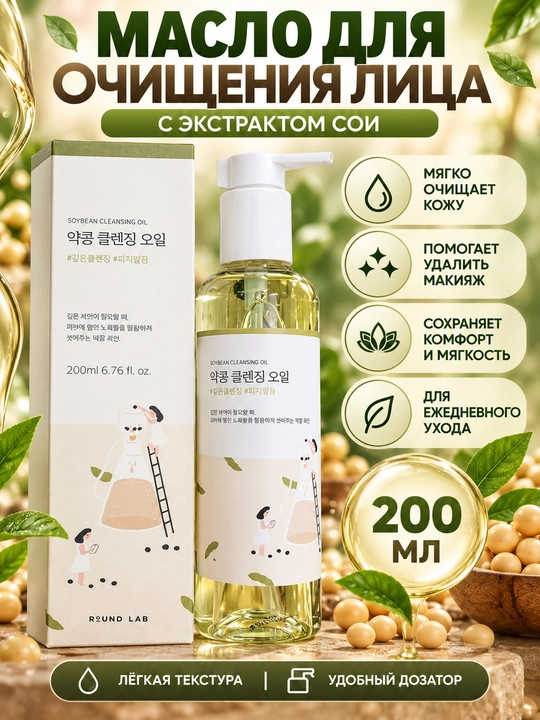 ROUND LAB Soybean Cleansing Oil гидрофильное масло снятие макияжа и SPF, 200 мл - 