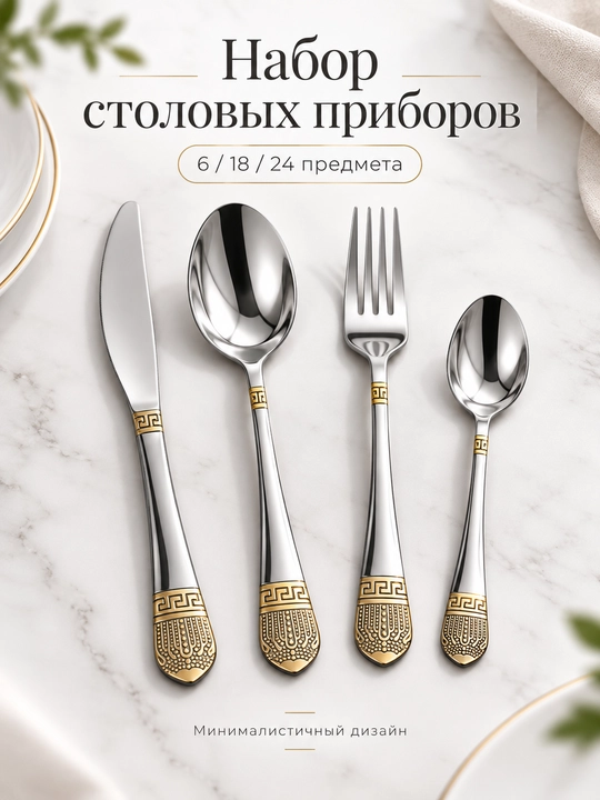 Oshxona anjomlari to‘plami, qoshiq, sanchqi, choy qoshiq va pichoqlar, 6, 18, 24 dona - 