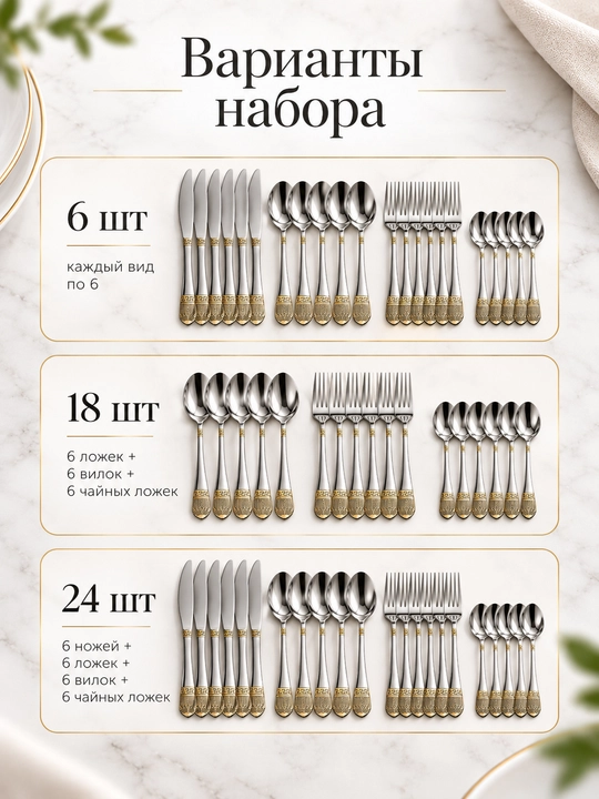 Набор столовых приборов для кухни, ложки, вилки, чайные ложки и ножи, 6, 18 и 24 предмета