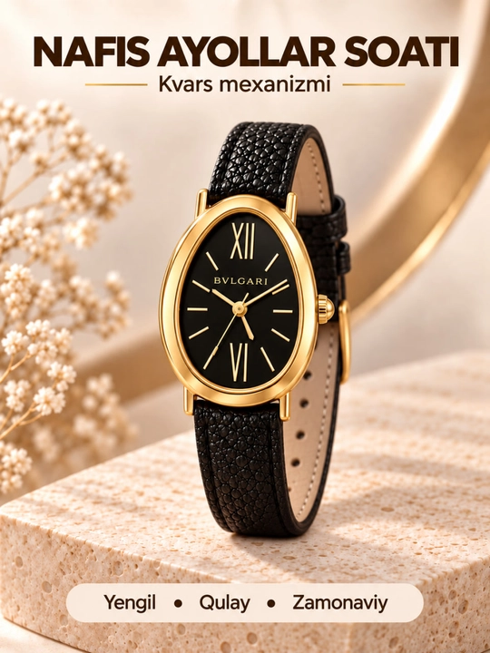 Ayollar,qizlar soati, qo‘l soati, kvars mexanizmli, BVLGARI, charm tasmali - 
