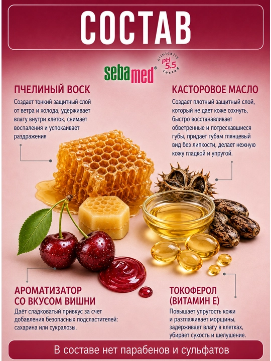 Бальзам для губ Sebamed Lip Defense Cherry SPF 30 для чувствительной кожи