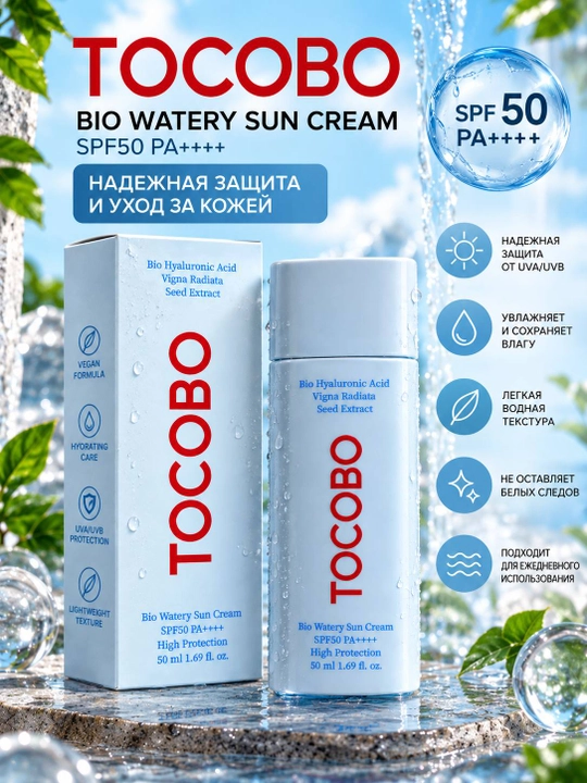TOCOBO Bio Watery Sun Cream SPF50+ PA++++ солнцезащитный крем 50 мл - 