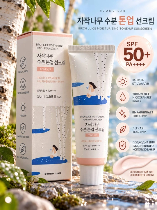 Солнцезащитный крем ROUND LAB Birch Juice Moisturizing Tone-Up Sunscreen SPF50+ PA++++,  50 мл - 