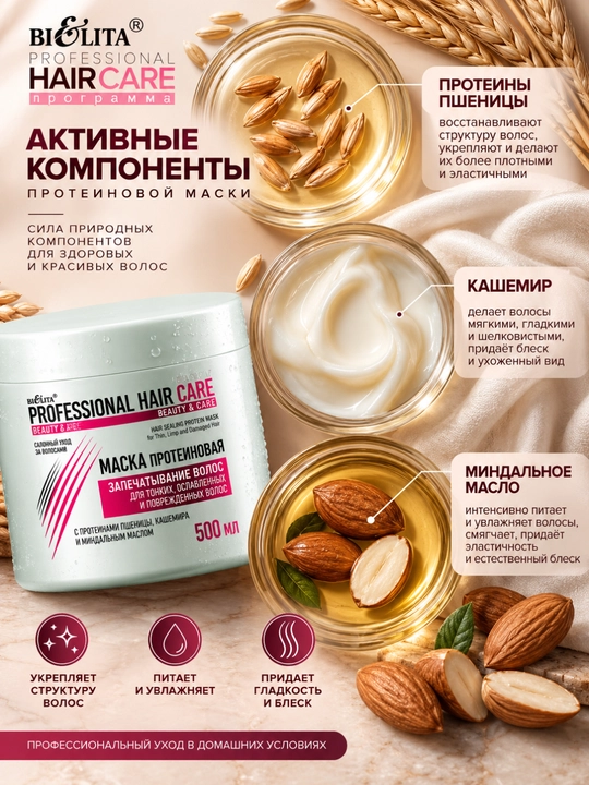 Маска PROFESSIONAL HAIR CARE, протеиновая, запечатывание волос, 500 мл, Белита