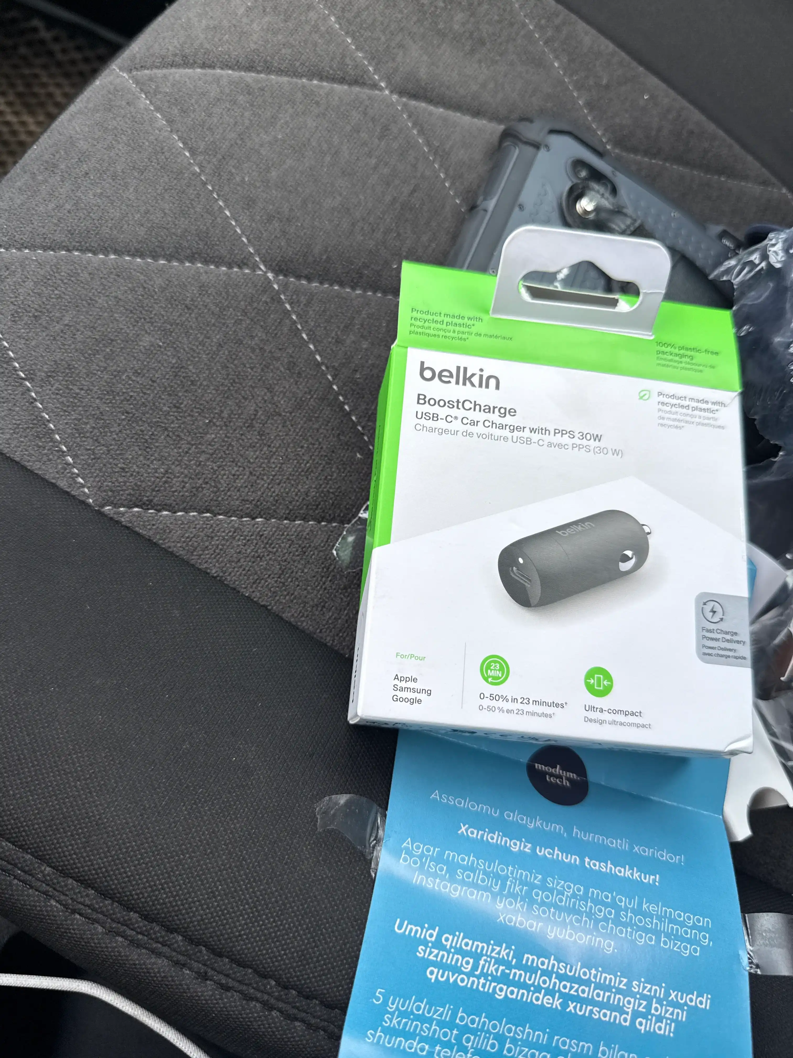 Avtomobil zaryadkasi Belkin Type C 30W, PPS, kabel bilan