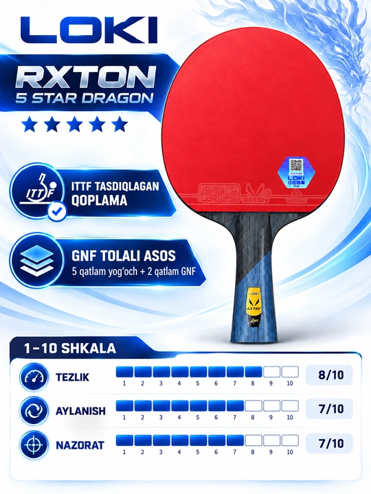Ракетка для настольного тенниса, LOKI RXT 5 Star Dragon, профессиональная, 7 слоёв