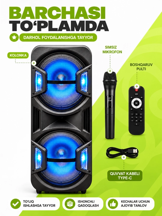 Katta simsiz kalonka, mikrofonli karaoke bluetooth kolonka, pultli portativ karnay