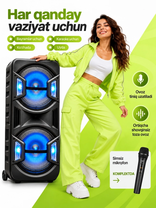 Katta simsiz kalonka, mikrofonli karaoke bluetooth kolonka, pultli portativ karnay