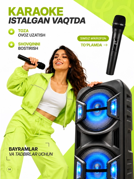 Katta simsiz kalonka, mikrofonli karaoke bluetooth kolonka, pultli portativ karnay