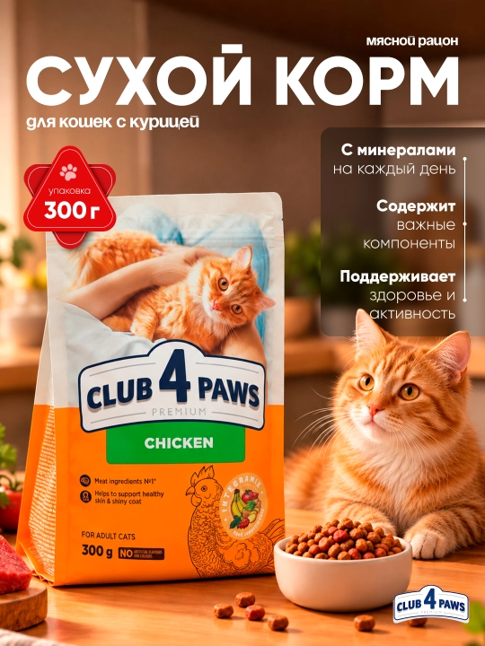 Club 4 Paws mushuklar uchun quruq yem, tovuq go‘shti bilan, 300 g - 