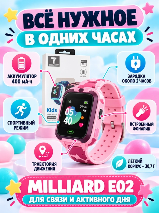 Milliard E02 bolalar aqlli soati, LBS joylashuv va qo‘ng‘iroqlar bilan