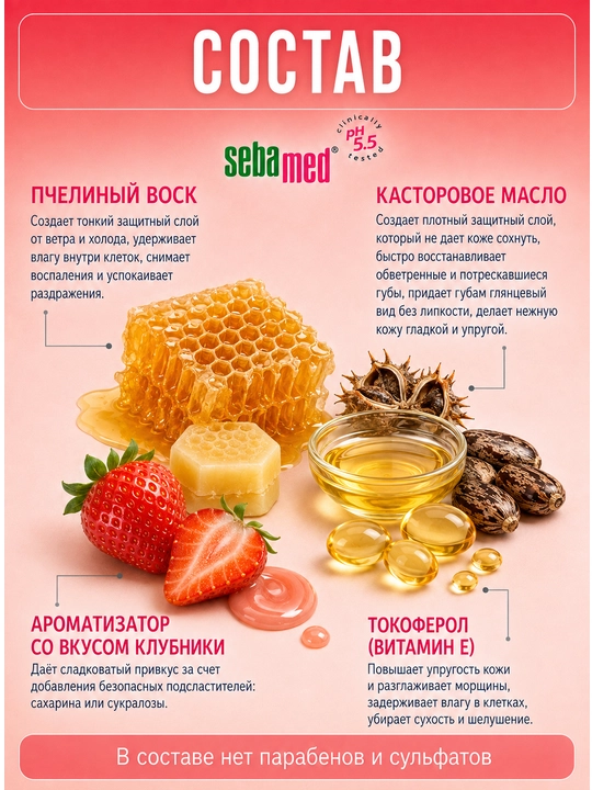 Бальзам для губ Sebamed Lip Defense Strawberry SPF 30, для чувствительной кожи