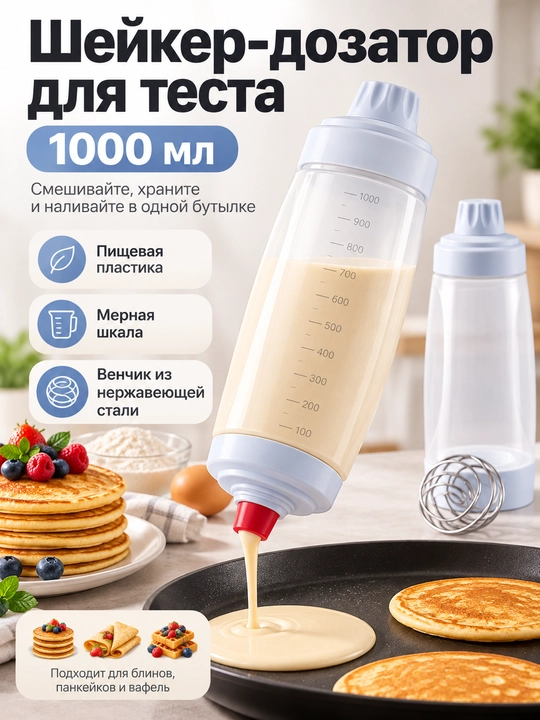 Xamir uchun sheyker-dozator 1000 ml, metall aralashtirgich va o‘lchov shkalasi bilan - 