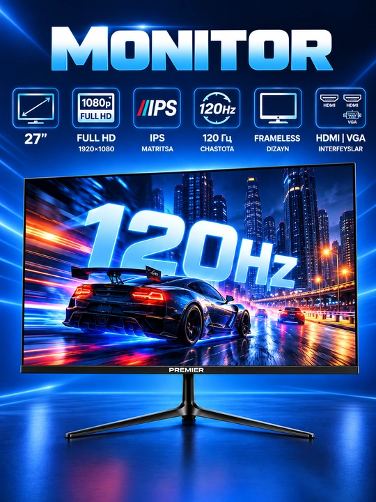 Premier 27PRM120LEDM 27" IPS Full HD 120Hz HDMI VGA Безрамочный Монитор - 
