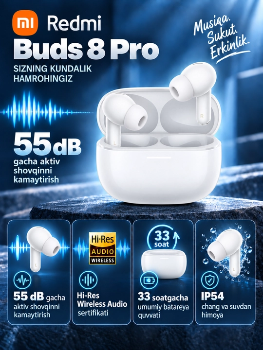 Беспроводные наушники REDMI Buds 8 Pro премиум-класса, Сертификат Hi-Res Audio Wireless - 
