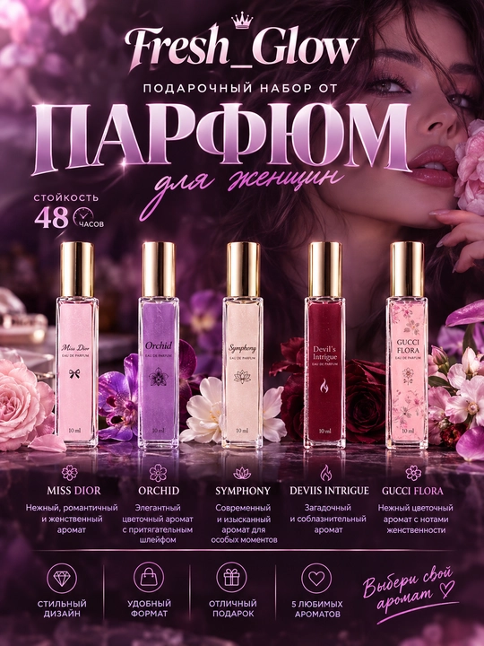 Духи женские набор Miss Dior, Orchid, Symphony, Deviis Intrigue, Gucci Flora - 