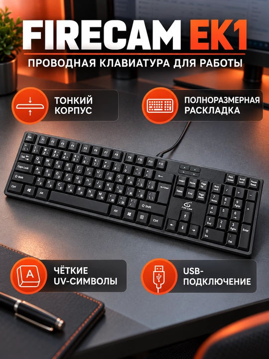 Проводная клавиатура FIRECAM EK1, USB, полноразмерная, для компьютера и офиса - 