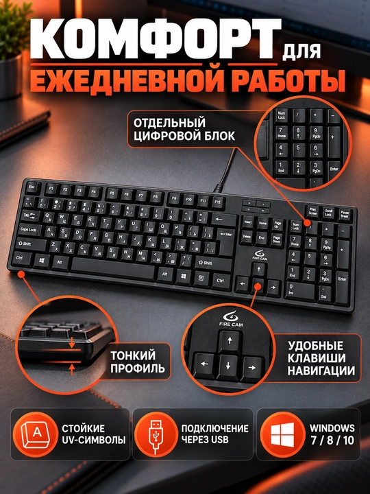 FIRECAM EK1 simli klaviatura, USB, to‘liq o‘lchamli, kompyuter va ofis uchun