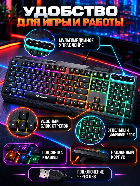 FIRECAM GK20 o‘yin klaviaturasi, rangli yoritish, USB, multimedia tugmalari