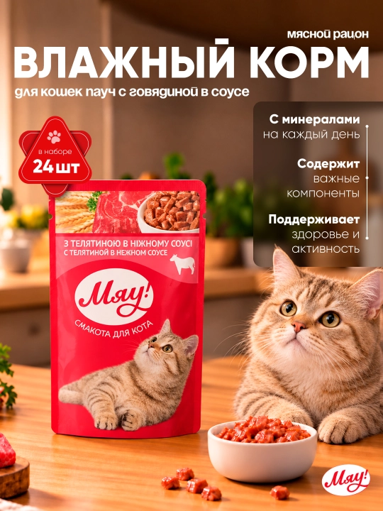 Мяу влажный корм для кошек, пауч с говядиной в соусе, 85 г 24 шт - 
