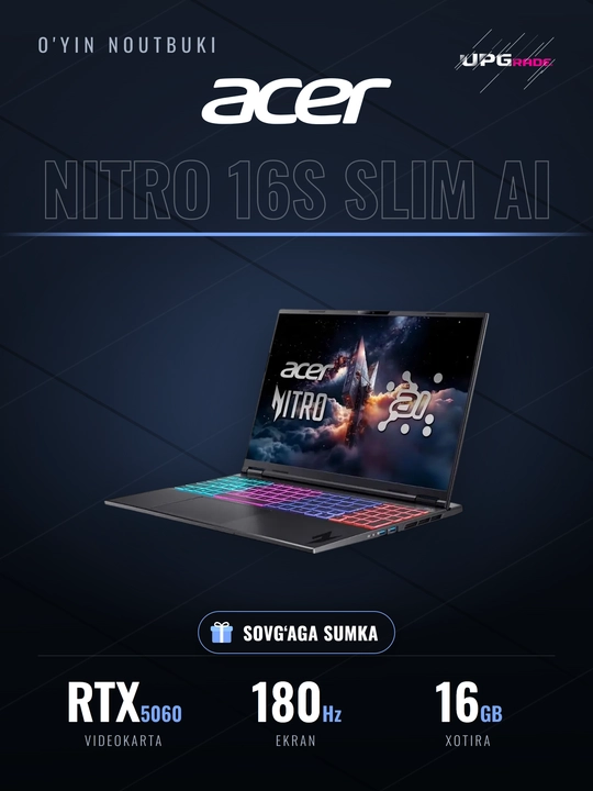 Ноутбук игровой Acer Nitro 16S Slim AI 16" WQXGA 180 Гц, Ryzen AI 7 350, RTX 5060 16/512ГБ