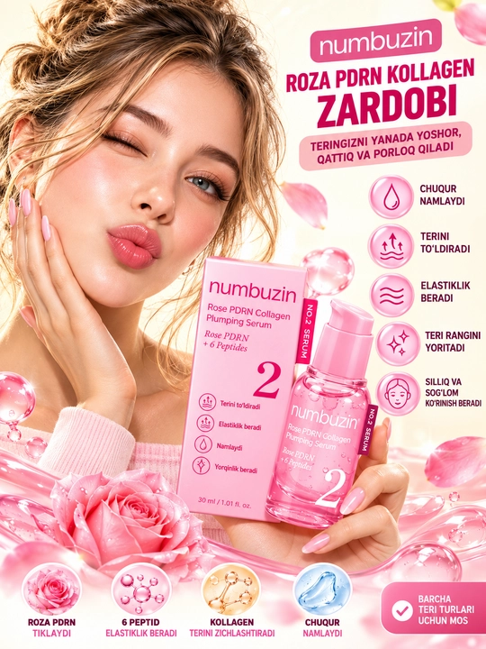 PDRN va peptidlar bilan Numbuzin No.2 Rose PDRN Collagen Plumping Serum namlantiruvchi zardobi