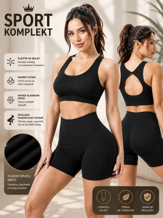 Женский спортивный костюм топ + шорты, для фитнеса, йоги, комплект - 