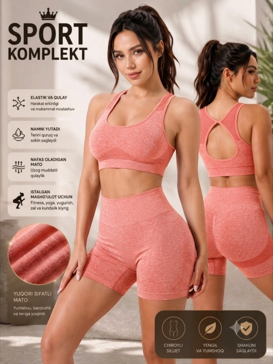 Женский спортивный костюм топ + шорты, для фитнеса, йоги, комплект - 