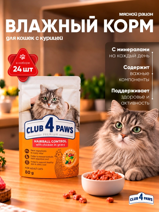 Club 4 Paws Hairball Control влажный корм для кошек, с курицей, 80 г 5 шт - 