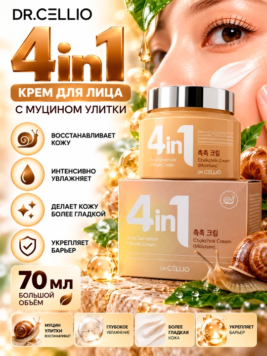 DR.CELLIO DR.G50 Shilliq qurt musini (snail mucin) tarkibli "4-tasi 1-da" Chok-Chok yuz kremi, 70 ml - 