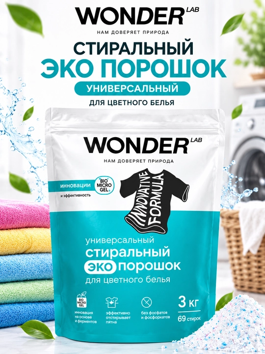 Rangli kiyimlar uchun universal WONDER LAB kir yuvish eko-kukuni 3 kg