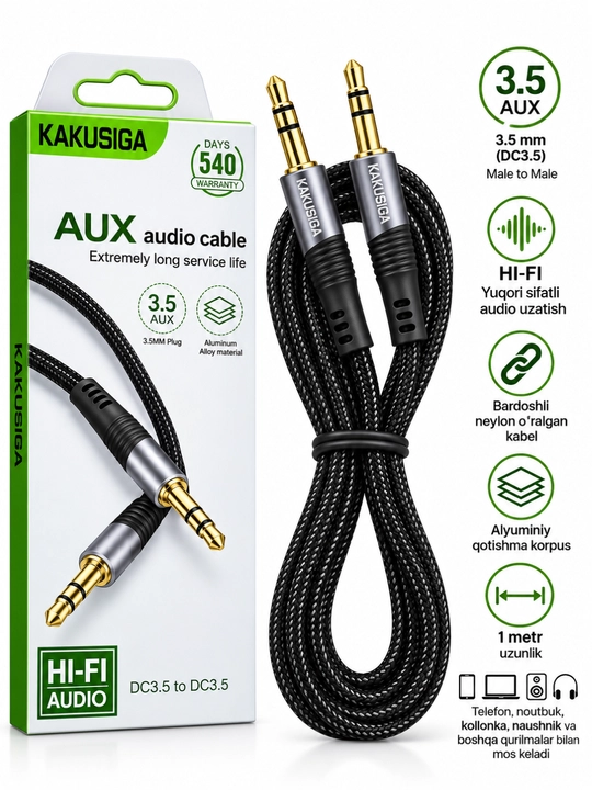 KAKUSIGA AUX 3.5 mm kabel 1 m Audio kabel Jack 3.5–3.5 mm - 