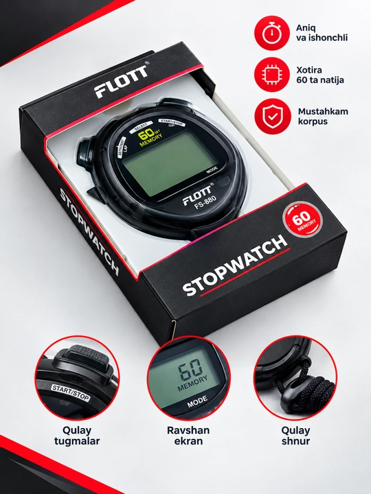FLOTT FS-860 elektron sekundomer – 60 ta natija xotirasi bilan - 
