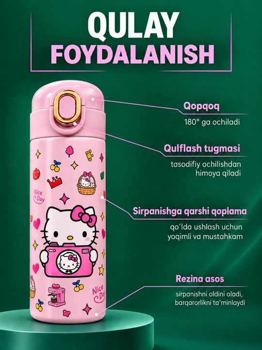 Termos, 400 ml, qiz bolalar uchun, maktab uchun zanglamaydigan po'latdan termos