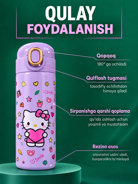 Termos, 400 ml, qiz bolalar uchun, maktab uchun zanglamaydigan po'latdan termos