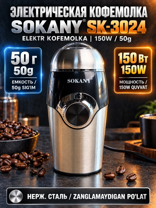 SOKANY SK-3024 Электрическая кофемолка 150Вт мельница для кофе специй и круп - 