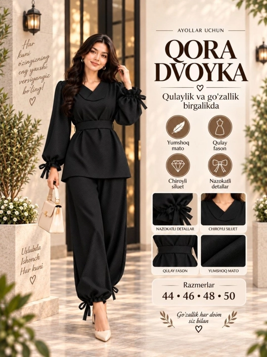 Ayollar uchun dvoyka, kofta va keng shimli 2 qismli komplekt, standart 44-50 gacha tushadi