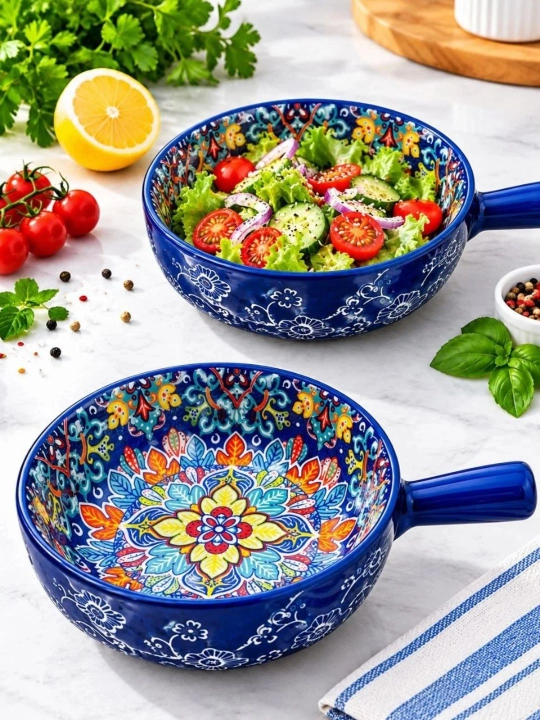 Керамическая салатная миска с узором и ручкой - 