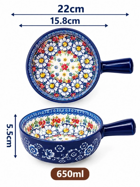 Керамическая салатная миска с узором и ручкой
