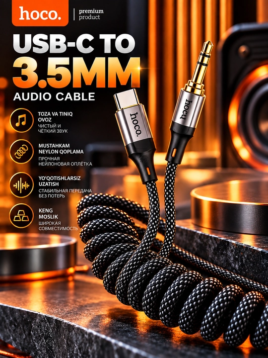 Кабель HOCO UPA26 Lightning–3.5 мм AUX для iPhone, 1 м, нейлоновая оплётка - 