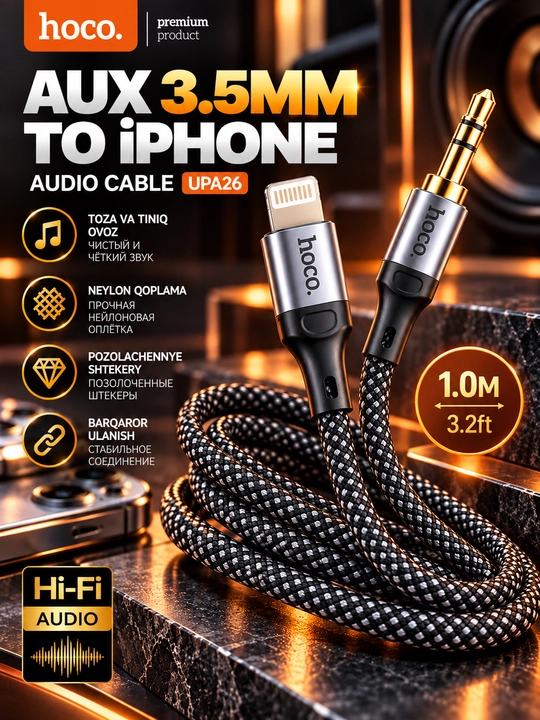 Кабель HOCO UPA26 Lightning–3.5 мм AUX для iPhone, 1 м, нейлоновая оплётка - 
