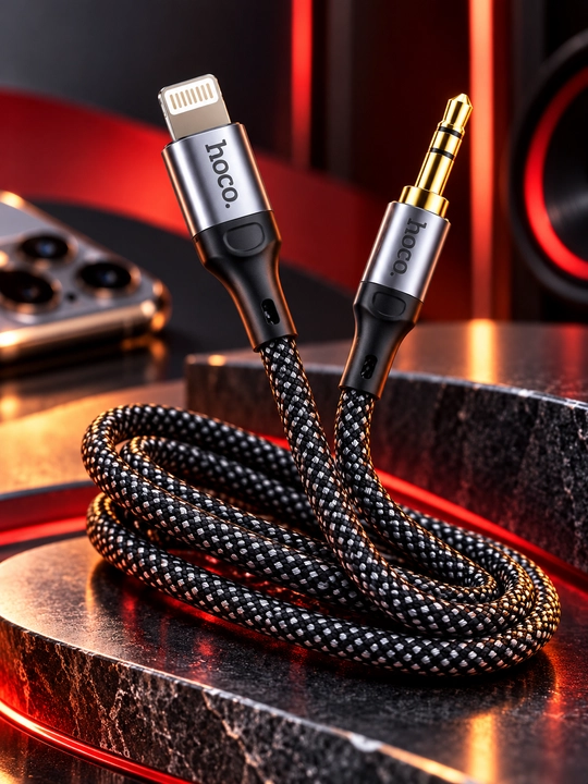 HOCO UPA26 Lightning–3.5 мм AUX kabel, iPhone uchun, 1 m, neylon o‘rama