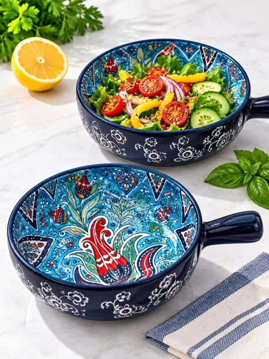 Керамическая салатная миска с узором и ручкой
