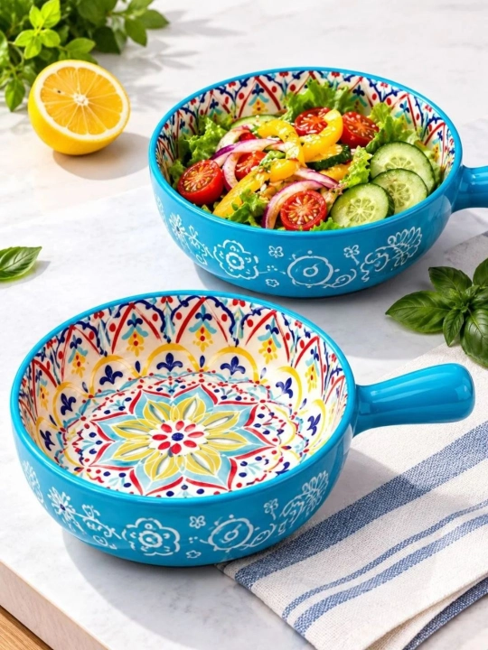 Керамическая салатная миска с узором и ручкой