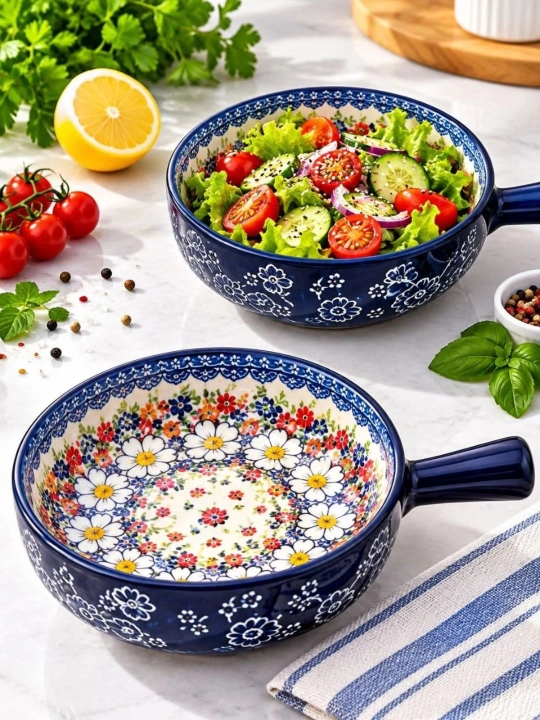 Керамическая салатная миска с узором и ручкой - 