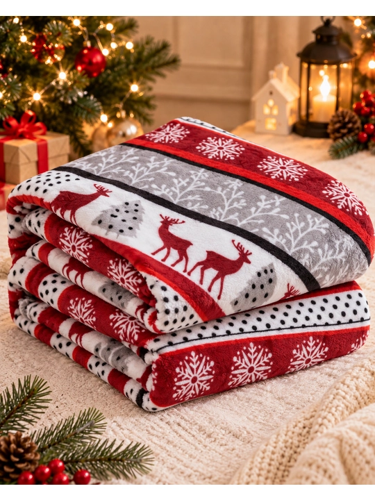 Flanel pled 180×200 sm yumshoq, yangi yil naqshli, karavot va divan uchun