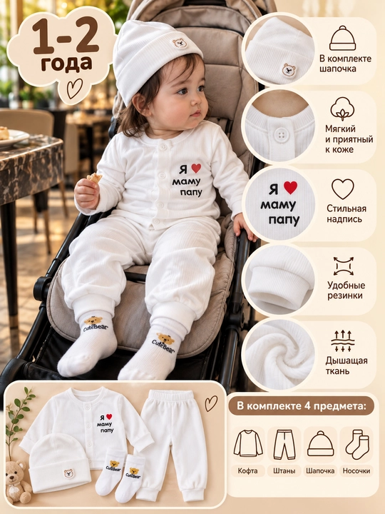 Комплект детской одежды , верх, брюки, шапочка и носки,  для детей 1–2 лет