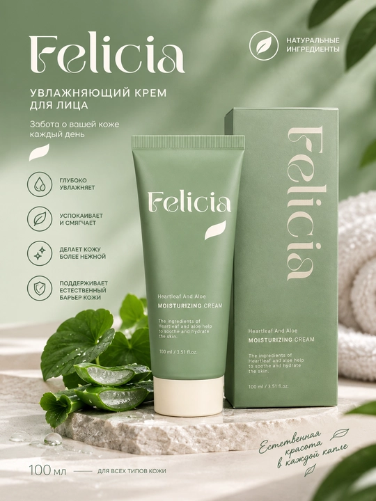 FELICIA Heartleaf and Aloe хауттюйния va aloe ekstraktli yuz uchun namlovchi krem, 100 ml - 